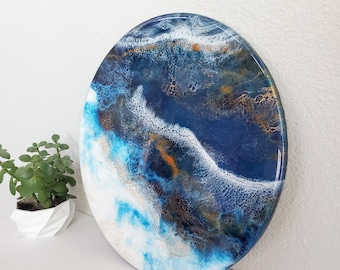 Resin Painting, 12" Round Abstract Art, Blue White Gold Ocean Wave