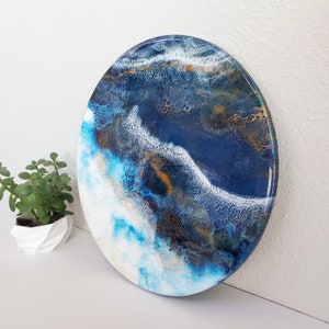 Resin Painting, 12" Round Abstract Art, Blue White Gold Ocean Wave
