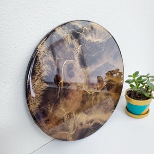 Resin Painting, 12&quot; Round Abstract Art, Black Bronze Gold