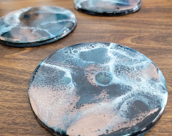 Resin Art Coasters, Wood and Resin Coaster, Black Teal Rose Gold