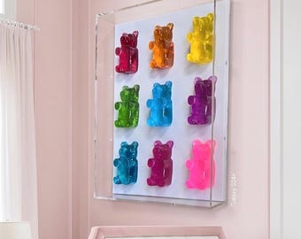 3D Colorful Gummy Bear Resin Wall Art | Rainbow Jewel Tone Candy Sculpture