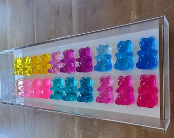 Jumbo Gummy Bear Wall Decor, Modern Pop Art, Handmade Wall Decor, Acrylic Frame,20 Neon Resin Gummy Bears,Playroom decor, Living room decor.