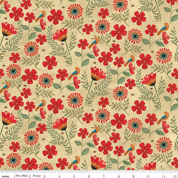 Stitchy Birds Flowers Parchment, Bee Fabric, Teresa Kogut for Riley Blake Designs, Folk Art Fabric, Botanical Fabric, Floral Nature Fabric