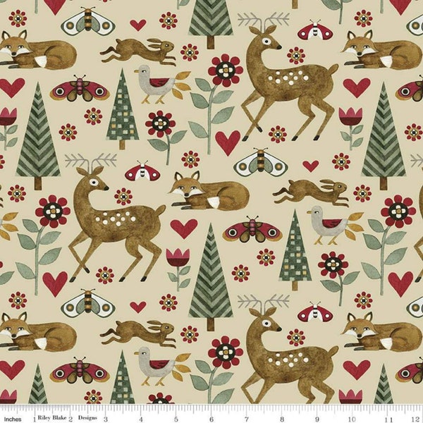 Folk Art Fabric, Moth Fabric, Fox Fabric, Rabbit Fabric, Deer  Fabric by the Yard, Bird and Hearts and Flowers, Teresa Kogut Fabric