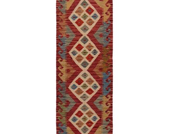 Hand Woven Afghan Kilim Runner, Vegetable Wool Rug, Geometric Pattern