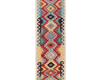 Hand Woven Wool Kilim Runner, Multicolor Geometric Tribal Flatweave 2x7