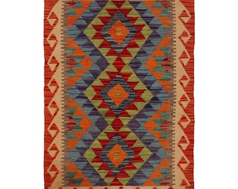 Hand Woven Wool Kilim Area Rug, Multicolor Flatweave Geometric Carpet, Afghan Tribal Rug 3x4