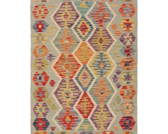 Hand Knotted Wool Kilim Area Rug, Multicolor Flatweave Geometric Carpet, Afghan Tribal Rug 3x4