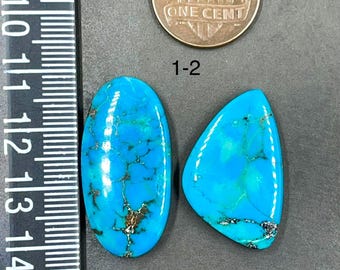 May include: Two polished turquoise cabochons with dark matrix veining, one oval and one triangular, displayed next to a US one-cent coin and a ruler showing measurements in centimeters to provide a clear scale for these blue gemstones.