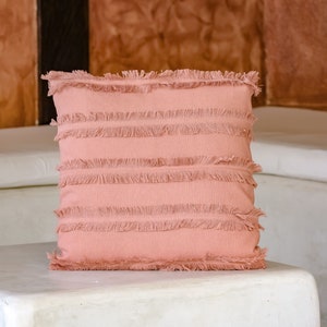 Light Pink Solid Stonewash Throw Pillow with Fringe