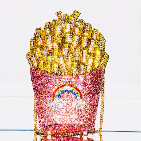 Swarovski Crystal Cute French Fries Purse Evening Clutch Bag Sparkling Unique Rainbow French Fries Shape Formal Evening Wear