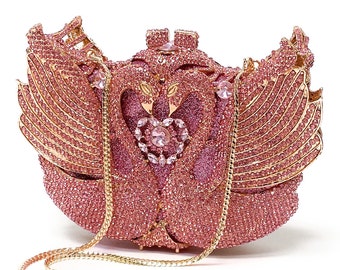 Swarovski Crystal Cute Purse Evening Clutch Bag Sparkling Unique Pink Swans Formal Evening Wear