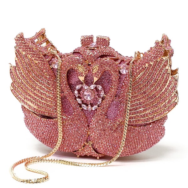 Swarovski Crystal Cute Purse Evening Clutch Bag Sparkling Unique Pink Swans Formal Evening Wear