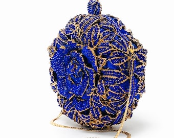 Swarovski  Crystal Cute Purse Evening Clutch Bag Sparkling Unique Blue Rose Formal Evening Wear
