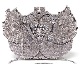 Evening Bag Swarovski Crystal Purse Clutch Unique White Swan Shaped Dazzling Formal Evening Wear