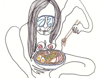 Top RAMEN, Loose Figure Drawing, GIRL CONTOUR, Noodle Art, Ramen Bowl, Food Drawing, Kitchen Accent, Nude Art, Erotic Food, Naked Woman