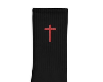 Croix rouge brodée Jésus chaussettes Crucifix symbole chrétien emblème saint marque sacrée foi, rédemption insigne divin salut