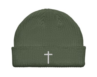 十字架刺繍入りフィッシャーマンビーニー – 救いの神聖なシンボルが