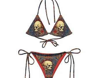 Bandana Skull String Bikini Set – All-Over Print Rococo Art Swimwear with Gothic Memento Mori Design