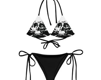 Skull & Bones String Bikini All-Over Print – Gothic Recycled Swimwear for Punk, Pirate, Metal Vibes