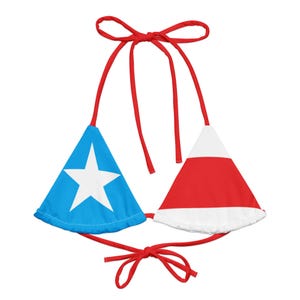 Puerto Rico Big Flag Eco String Bikini Top – All-Over Print Swimwear with Boricua Pride & Cultural Heritage Design