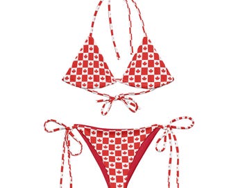 Canada Checkered String Bikini Set – Red & White Maple Leaf Swimsuit, Tie Side Triangle Bikini, Festival Swimwear