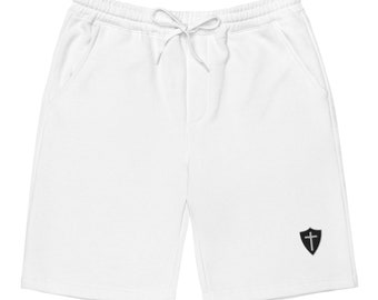 Armor of God Cross Shield Men’s Fleece Shorts – Embroidered Christian Gym Wear With Faith & Strength