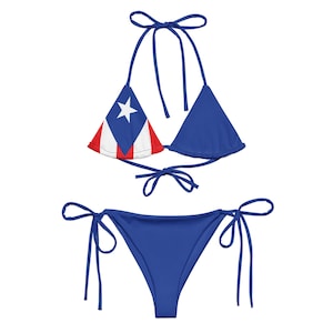 Puerto Rico Flag Navy String Bikini Top – All-Over Print Recycled Swimwear with Left Chest Detail for Boricua Pride