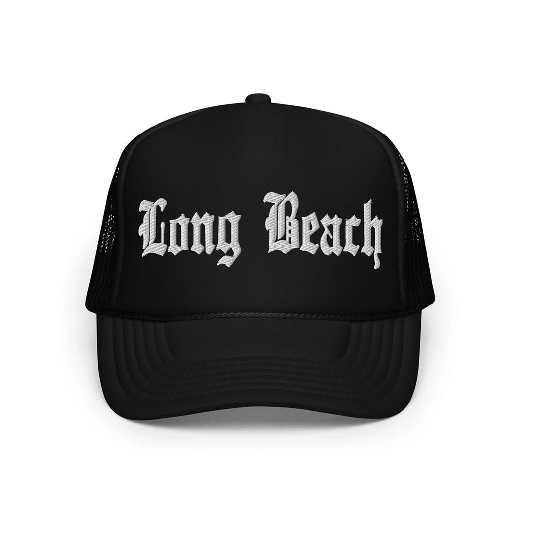 Long Beach City Cap Old English Classic Foam Trucker Hat Black/navy/red