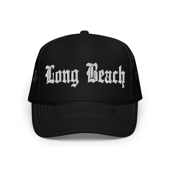 Long Beach City Cap - Old English Classic Foam Trucker Hat - Black/Navy/Red with White Embroidery - Premium Quality Snapback Hat