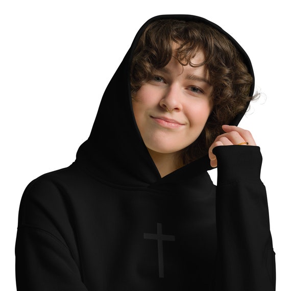 Cross Oversized Unisex Hoodie Black on Black – Embroidered