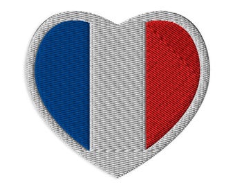 Parche bordado con la bandera francesa en forma de corazón: emblema tricolor termoadhesivo y cosible para chaquetas, bolsos y accesorios de viaje.