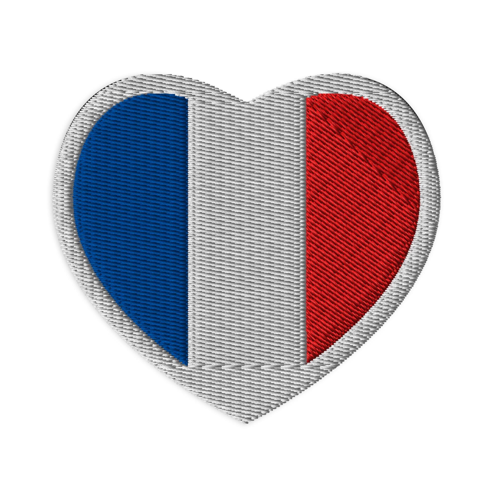 フランス国旗ハート刺繍ワッペン - アイロン接着、縫い付け可能な 