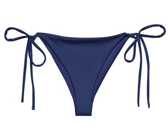 Texas Blue String Bikini Bottom – Adjustable Tie Side Swim Bottom, Women's Solid Navy Blue Beach Swimwear