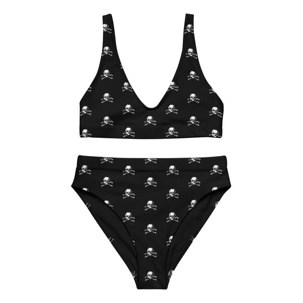 Maillot de bain noir taille haute tête de mort, crâne et os, short de bain gothique grunge en métal lourd, cadeau grunge pour femme