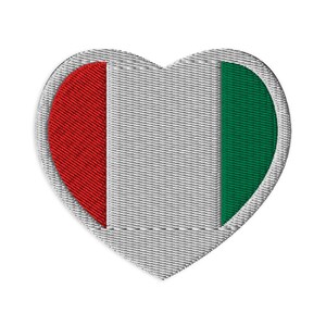 May include: A heart-shaped patch with the colors of the Italian flag: red, white, and green.