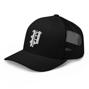 Letter P Old English Trucker Cap – Minimal Embroidered Initial Monogram Snapback Hat