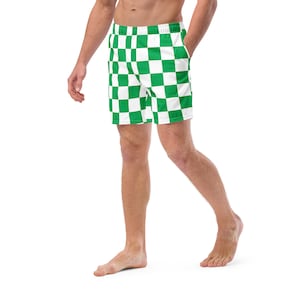 Checkered Men’s Swim Trunks – Green & White Retro Grid Swimwear with Mesh Lining