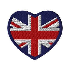 May include: A heart-shaped patch featuring the Union Jack flag design. The flag is red, white and blue with a blue background.