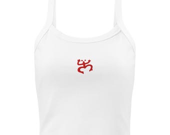 Taíno Coquí Frog Women’s Micro-Rib Tank Top – Red Embroidered Puerto Rico Crop Tank