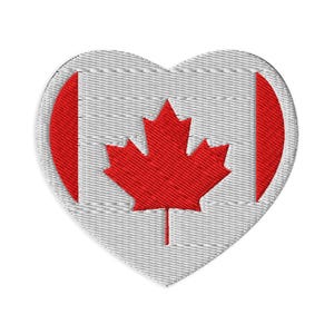 Puede incluir: Un parche rojo en forma de corazón con la bandera canadiense en él. La bandera es blanca con una hoja de arce roja en el centro y rayas verticales rojas a cada lado.