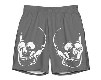 Skull Shorts 'Memento Mori' Athletic Men's swim trunks - Gray White Summer Swimwear Gothic Heavy Metal Grunge Goth Human Skeleton Swim