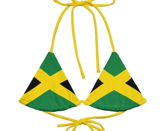 May include: A yellow, green, and black triangle bikini top with adjustable straps. The bikini top is printed with the Jamaican flag.