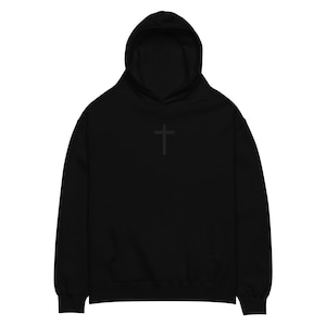 Cross Oversized Unisex Hoodie Black on Black – Embroidered Crucifix Christian Symbol for Faith, Redemption & Sacred Style