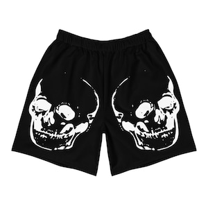Skull Shorts &#39;Memento Mori&#39; – Black Athletic Long Shorts with Gothic Death Symbol Minimalist Print