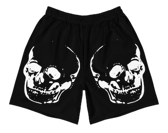 Skull Shorts 'Memento Mori' – Black Athletic Long Shorts with Gothic Death Symbol Minimalist Print