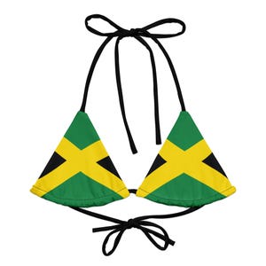 Jamaica Flag String Bikini Top – All-Over Print With Black Trim on Recycled Fabric