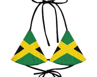 May include: A green, yellow, and black bikini top featuring the Jamaican flag design. The triangle cups are green with a yellow cross and black accents. Black ties are at the neck and back.