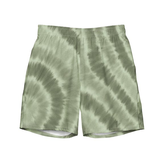 Tie Dye Sage Green Swim Trunks Recycled – Earth-Tone Eco Swimwear With Laid-Back Style & Soft Swirl Pattern