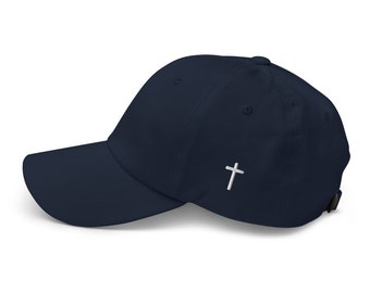Mini Cross Embroidered Dad Hat, Crucifix, Christian Symbol, Holy, Sacred Mark, Faith, Redemption, Divine Insignia, Salvation - Navy